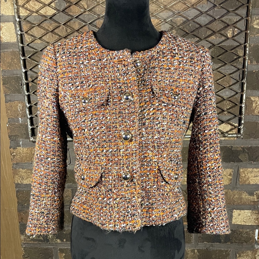 Ann Taylor LOFT Tweed Multicolor Cropped Blazer Orange Tan Brown Black